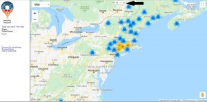 image of map of northeastern united states with blue and yellow dots marking locations where plant specimens were collected.