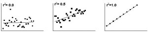 three graphs. left graph shows r-squared of zero (data do not follow trendline), middle graph shows r-squared of 0.5, and right graph shows r-squared of 1.0 (data exactly follow trendline)